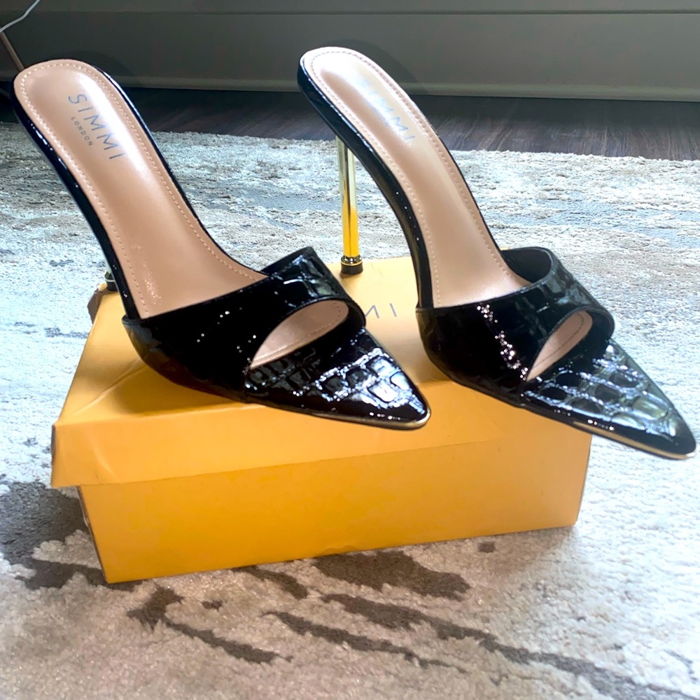 TOREZ BLACK FAUX CROC PRINT STILETTO MULES